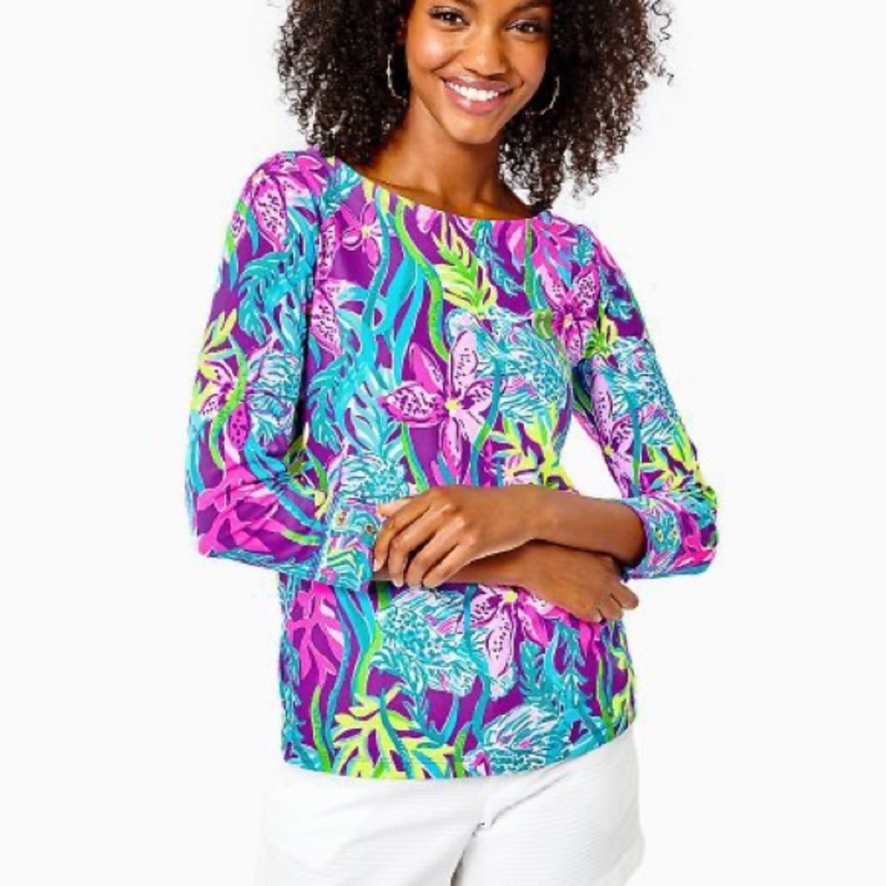 New Lilly Pulitzer Everlynn UPF 50+ Chilly Lilly Top XS Pigment Purple Party
